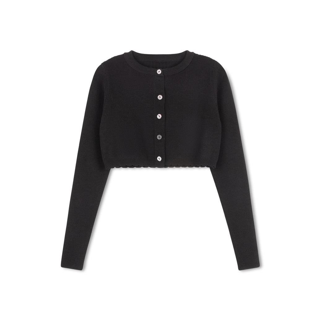 BLACK CROP SCALLOPED CARDIGAN