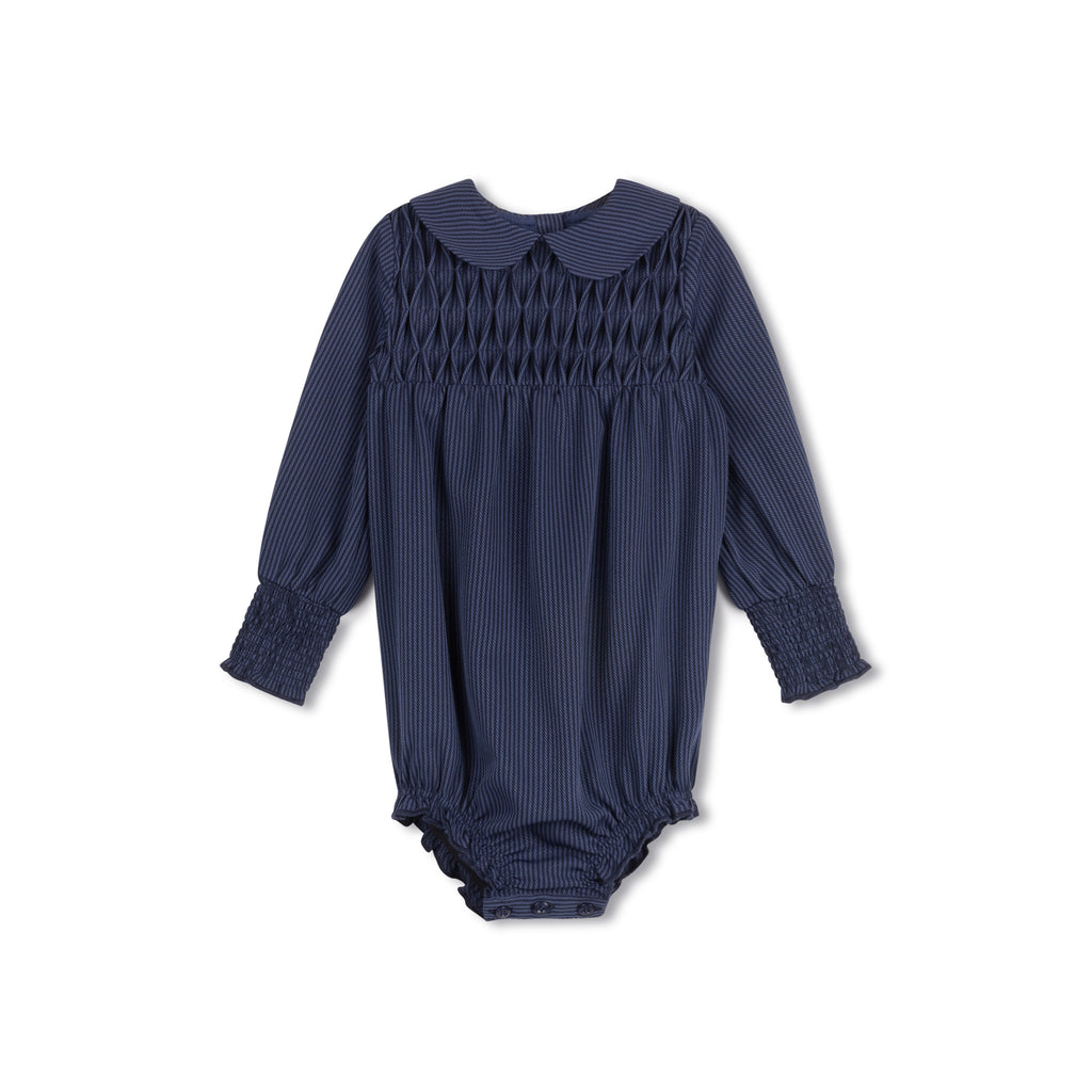 BLUE STRIPE SMOCKED ROMPER