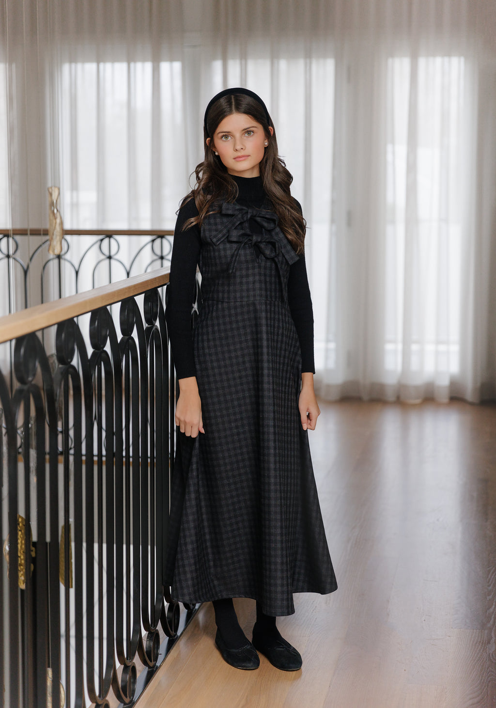 GREY/BLACK PLAID BOW MIDI