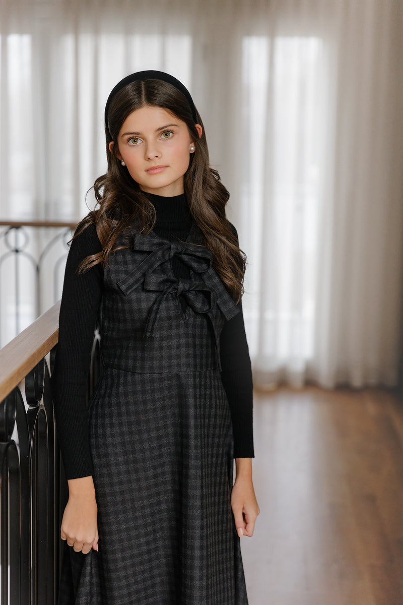 GREY/BLACK PLAID BOW MIDI