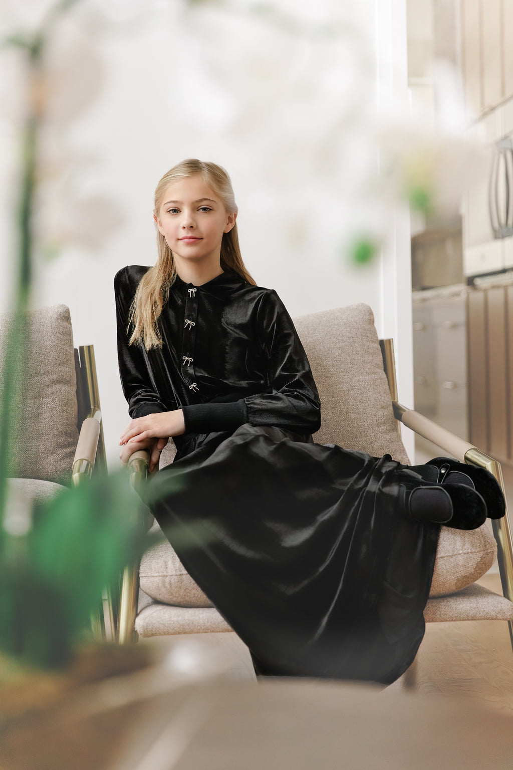 VELVET BOW BUTTON WAISTED MAXI