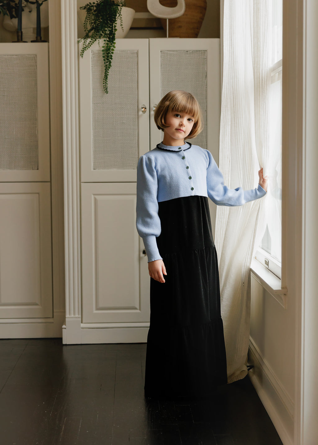 VELVET TIERED SLEEVELESS MAXI WITH DUSTY BLUE CARDIGAN