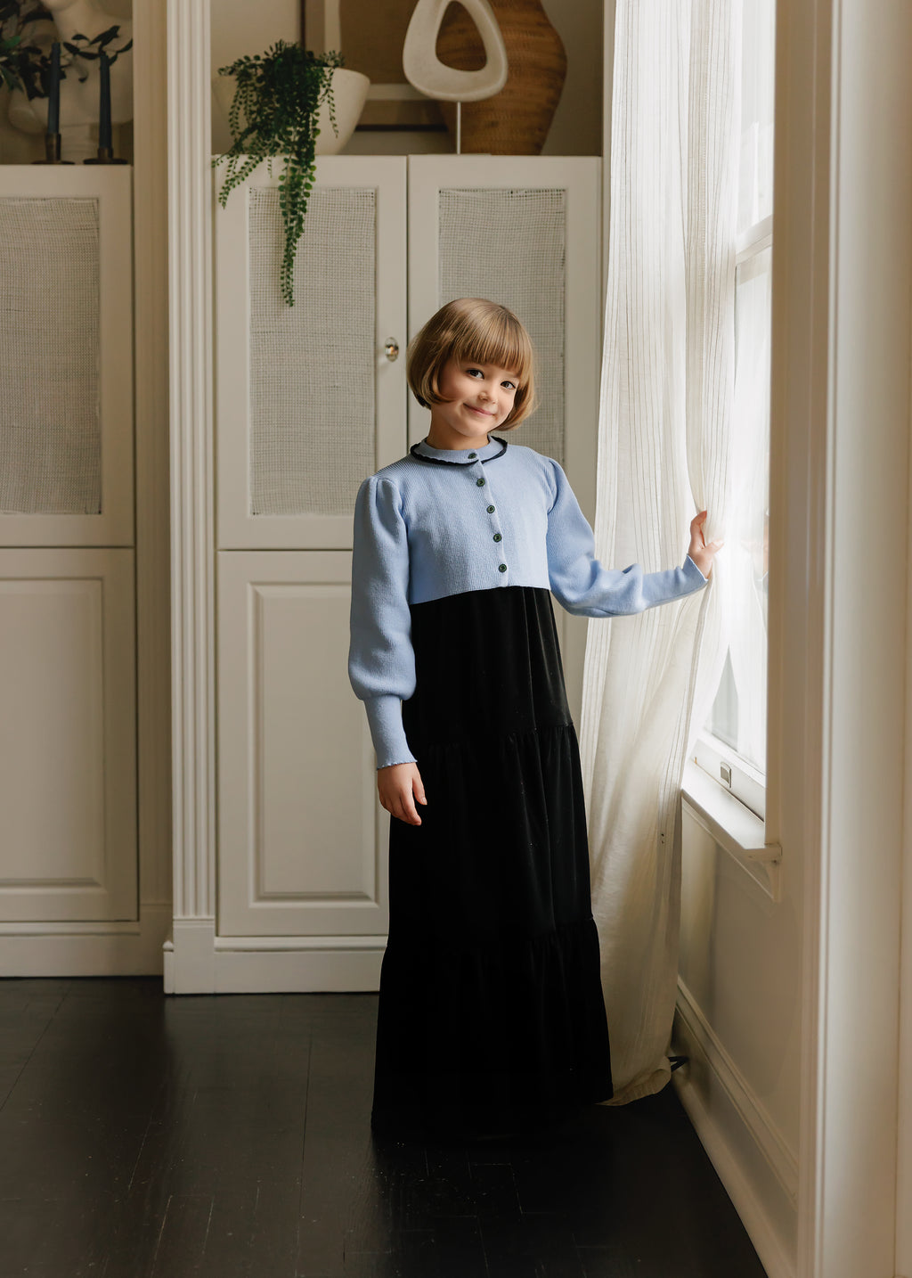 VELVET TIERED SLEEVELESS MAXI WITH DUSTY BLUE CARDIGAN