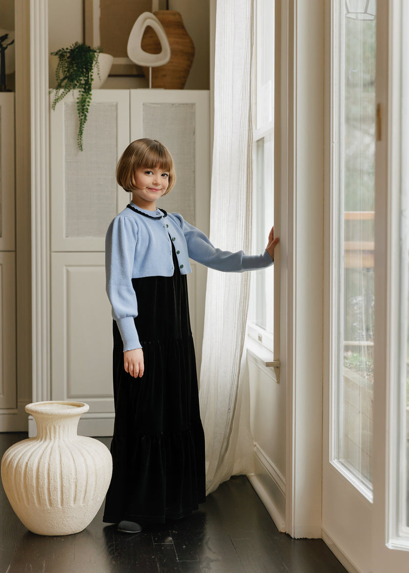 VELVET TIERED SLEEVELESS MAXI WITH DUSTY BLUE CARDIGAN