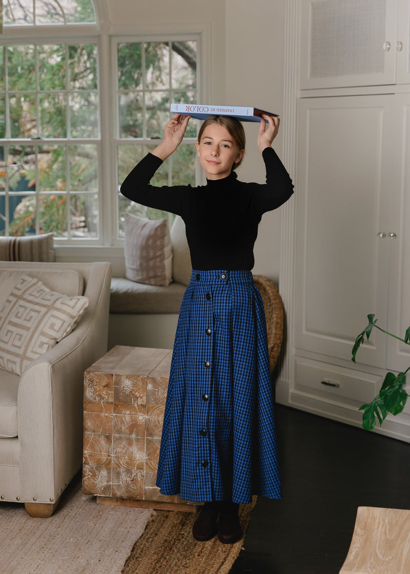 BLUE GINGHAM BUTTON SKIRT