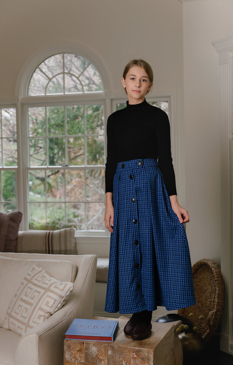 BLUE GINGHAM BUTTON SKIRT