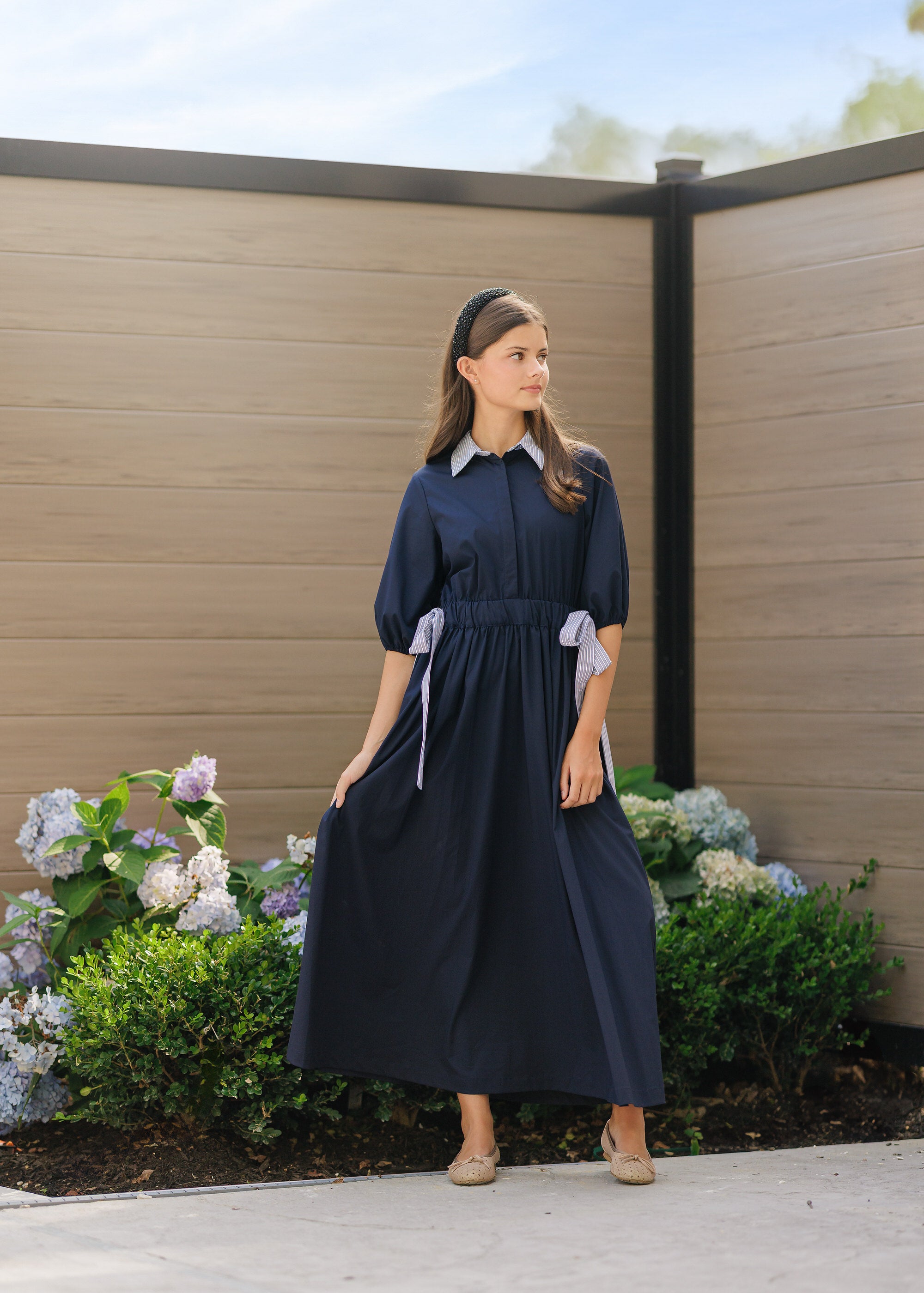 navy v bar binded midi dress NAVY SIDE TIE MIDI – Velvette Label