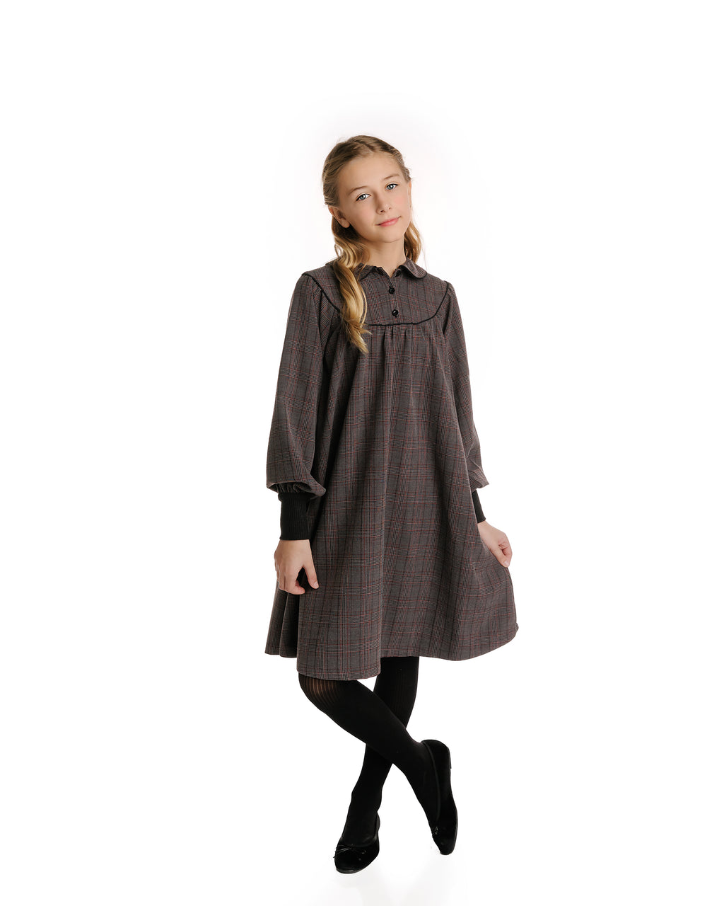 PLAID COLLAR DRESS- BROWN