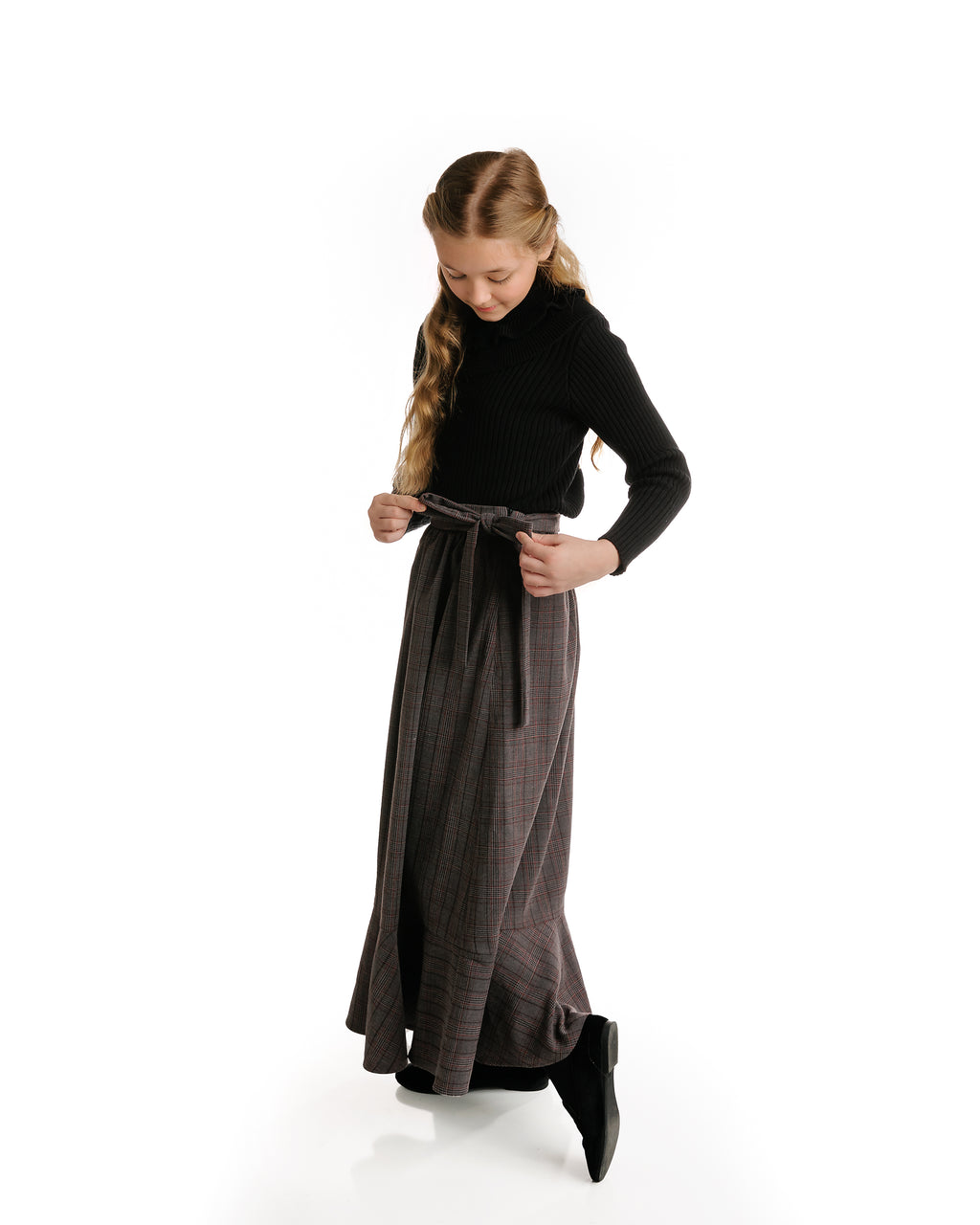 PLAID MIDI SKIRT- BROWN