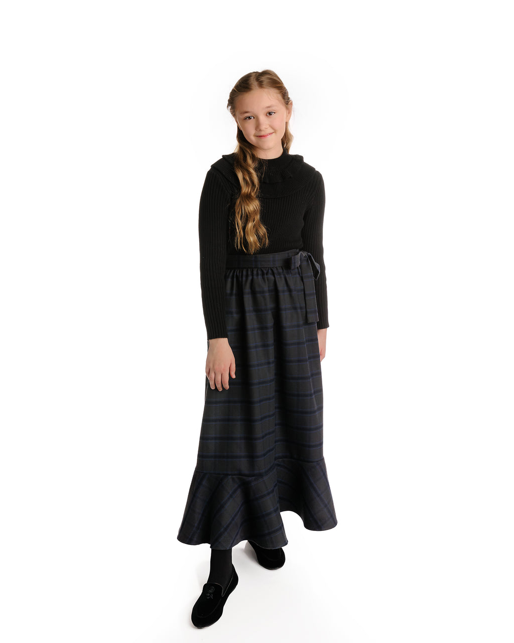 PLAID MIDI SKIRT-BLUE/GREY