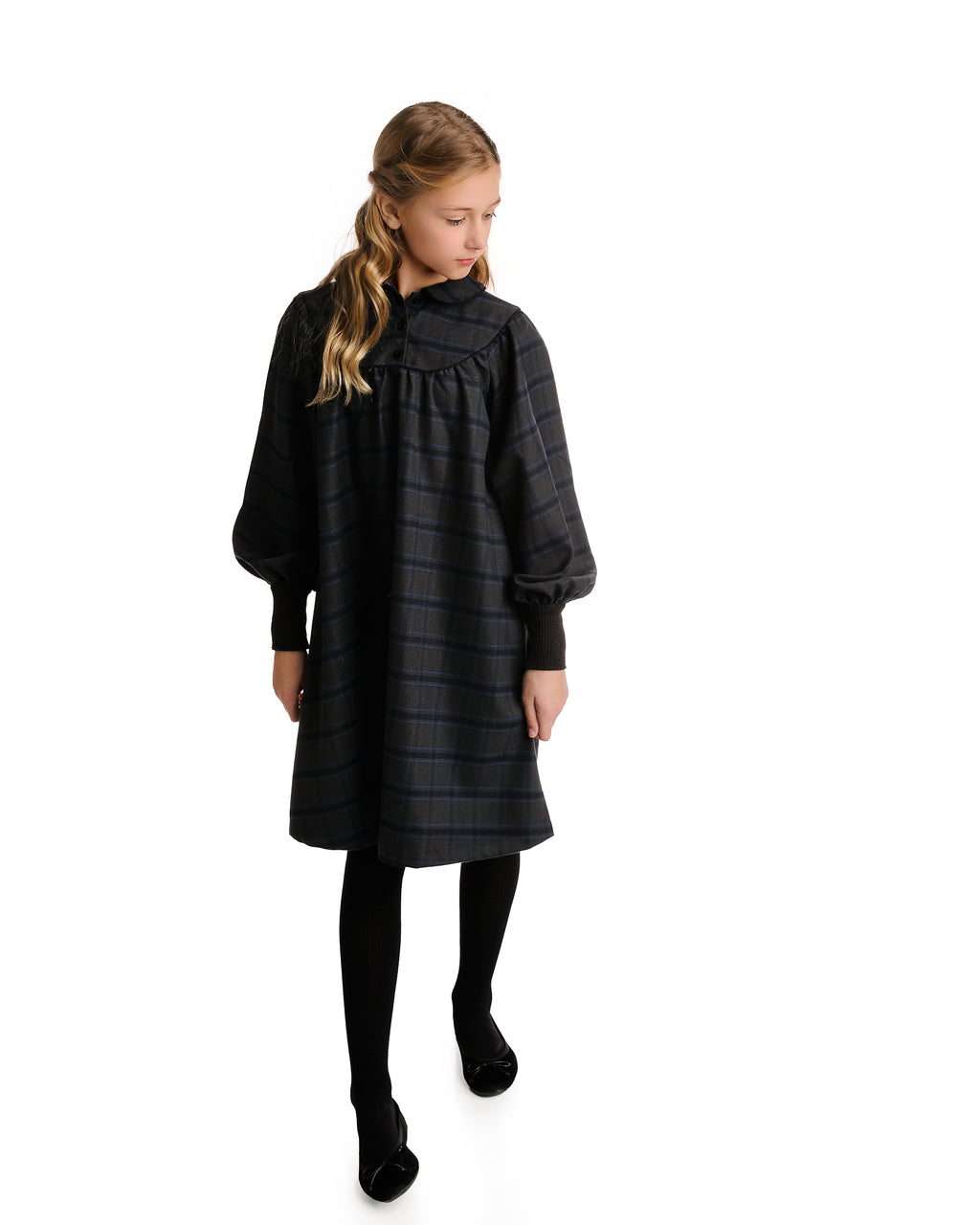 PLAID COLLAR DRESS- BLUE/GREY