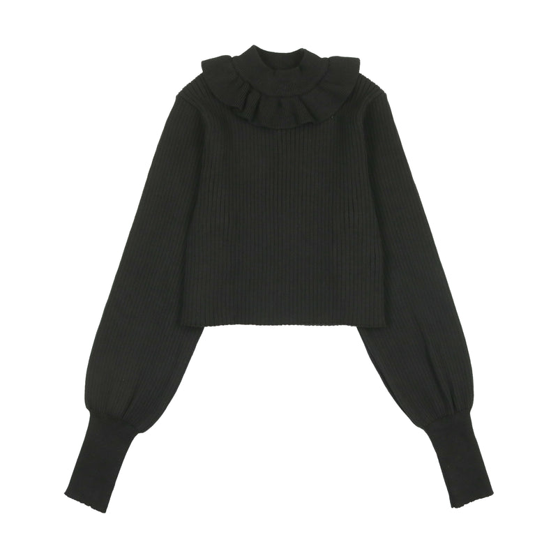 BLACK CROP RUFFLE MOCK NECK