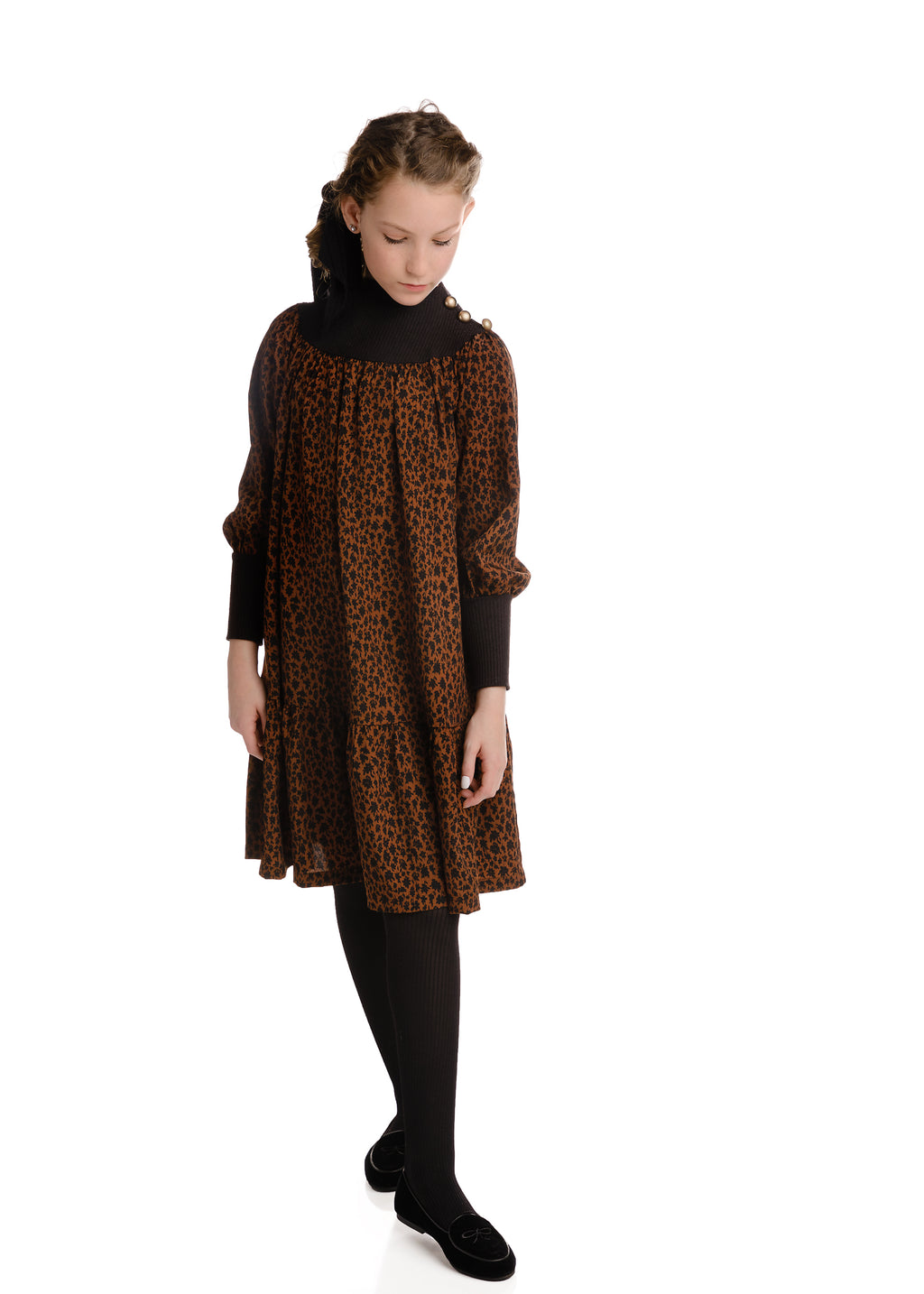 BALLOON SLEEVE DRESS- BROWN FLORAL
